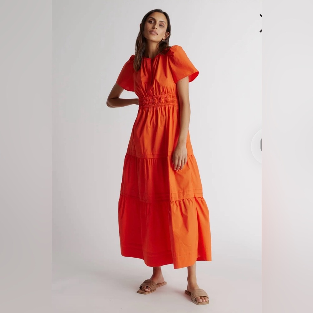 NWT Quince 100% Organic Cotton Poplin Tiered Maxi Dress Vermillion Red Size XL - Picture 2 of 15